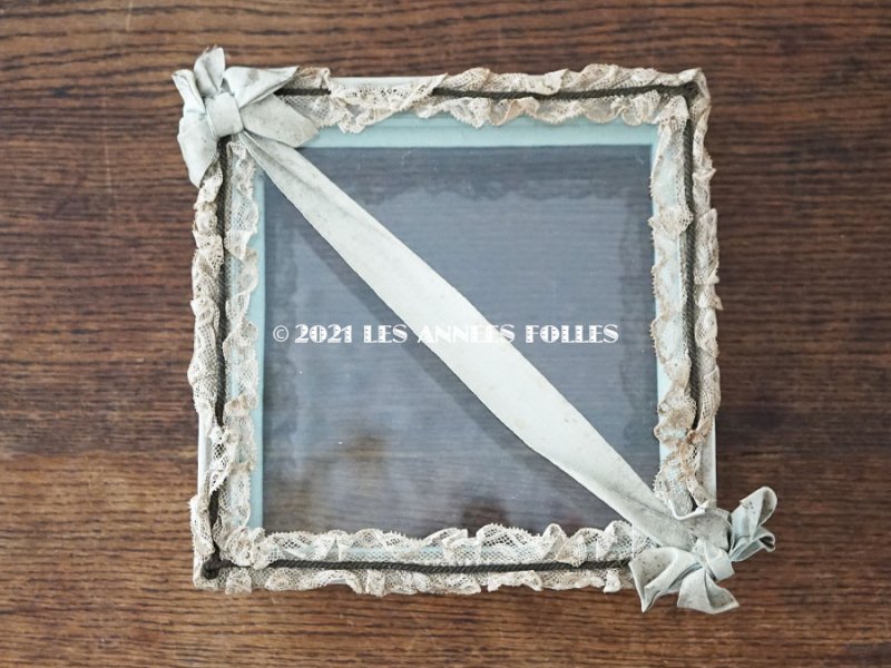 画像4: アンティーク 大きなジュエリーボックス ペールブルー リボン＆レース ガラスケース 20×20×7.5cm