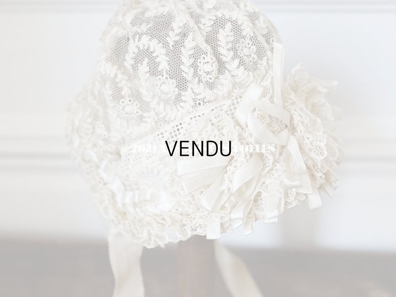 画像12: アンティーク ドール用 小さなボネ オフホワイトのシルクリボン&手刺繍・手編みのレース