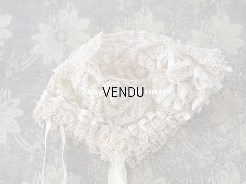 画像6: アンティーク ドール用 小さなボネ オフホワイトのシルクリボン&手刺繍・手編みのレース