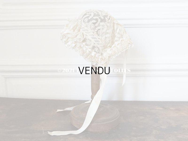 画像3: アンティーク ドール用 小さなボネ オフホワイトのシルクリボン&手刺繍・手編みのレース