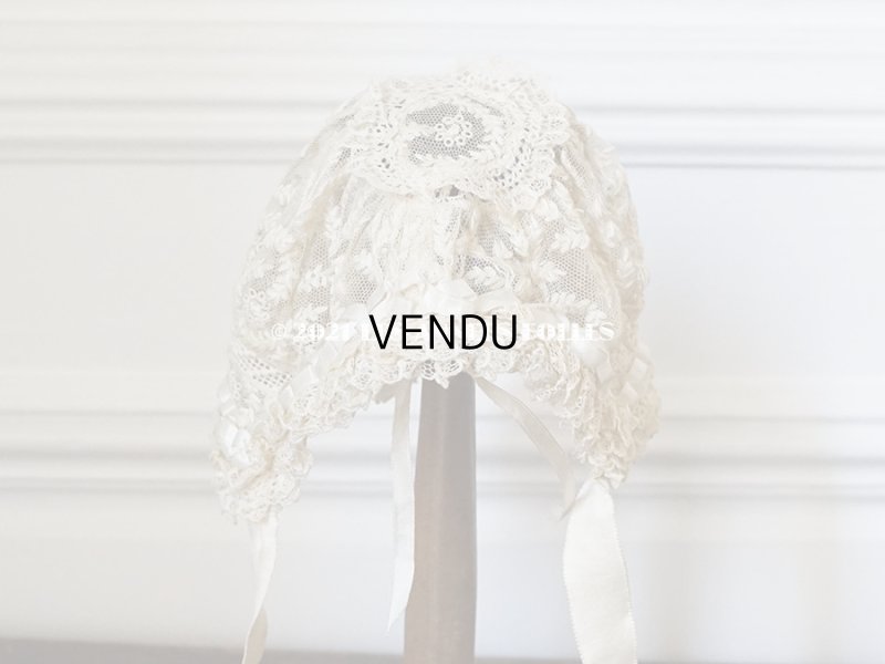 画像7: アンティーク ドール用 小さなボネ オフホワイトのシルクリボン&手刺繍・手編みのレース