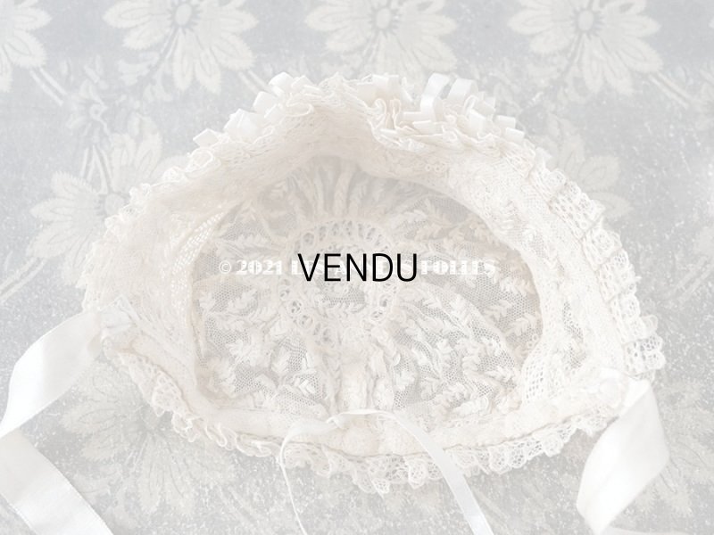 画像20: アンティーク ドール用 小さなボネ オフホワイトのシルクリボン&手刺繍・手編みのレース
