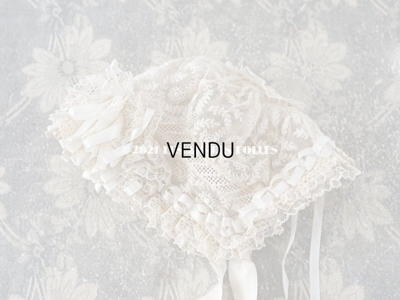 画像5: アンティーク ドール用 小さなボネ オフホワイトのシルクリボン&手刺繍・手編みのレース