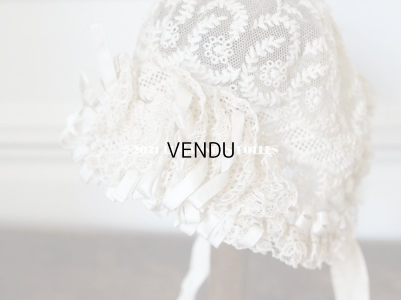 画像13: アンティーク ドール用 小さなボネ オフホワイトのシルクリボン&手刺繍・手編みのレース