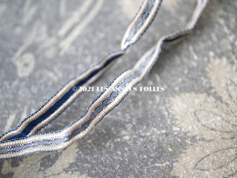 画像5: アンティーク シルク製 極細 リボン ホワイト＆ブルー 5mm幅 