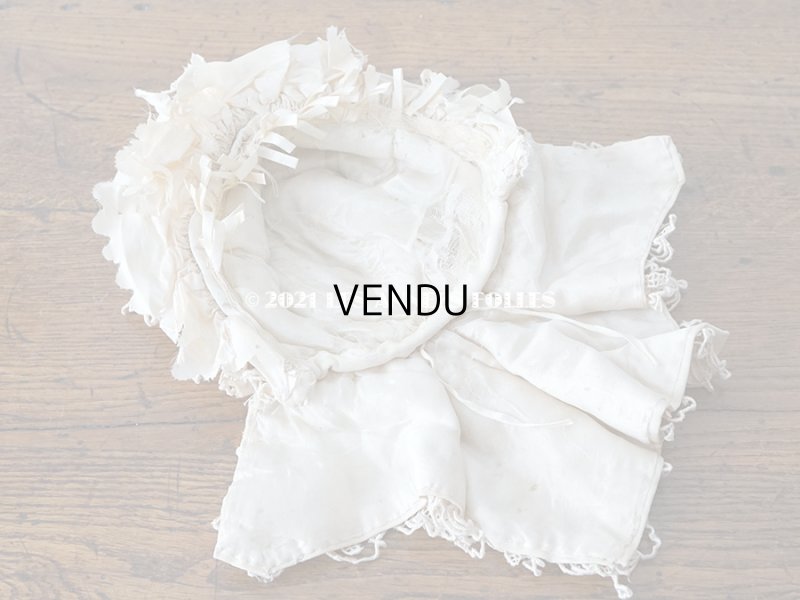 画像13: アンティーク シルク製 小さな女の子用 帽子 アイボリー色 ピンクベージュのリボン＆レース