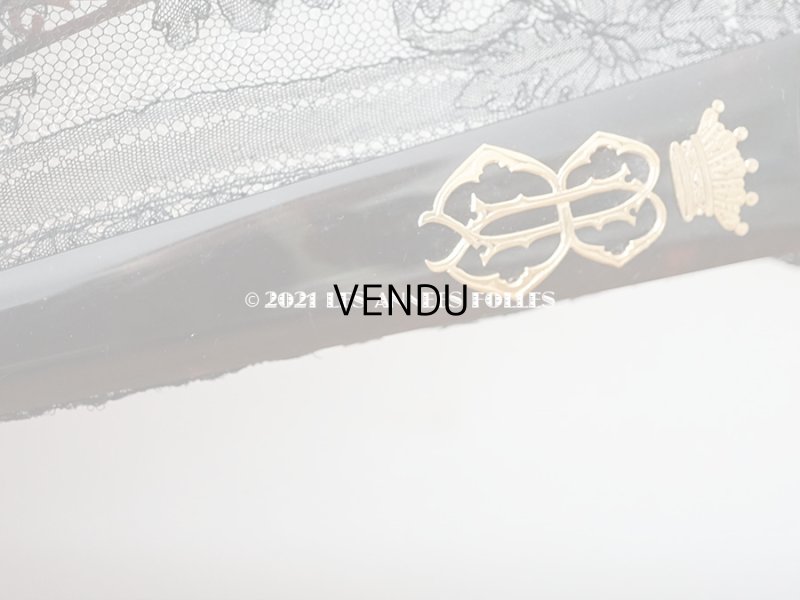 画像14: 1900年代 アンティーク 王冠付き フェザーのファン 箱付き　黒のシャンティーレース