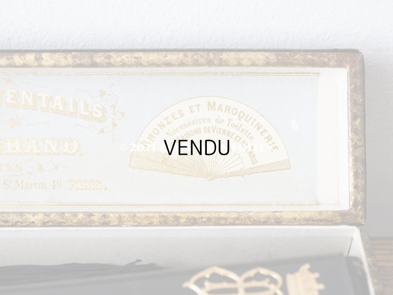 画像4: 1900年代 アンティーク 王冠付き フェザーのファン 箱付き　黒のシャンティーレース