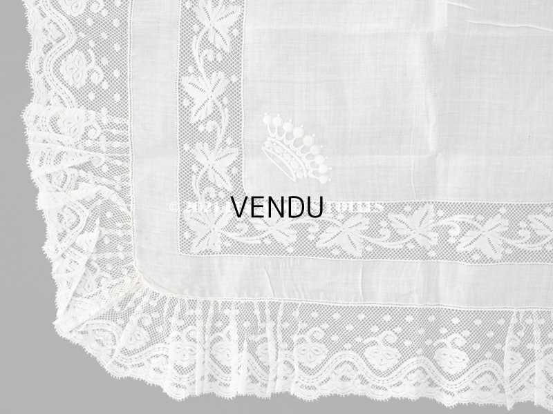画像5: 未使用 19世紀 アンティーク  結婚式のハンカチ 王冠紋章 & プリーツ入り　手編みのヴァランシエンヌレース