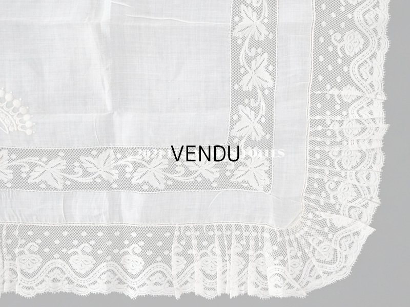 画像6: 未使用 19世紀 アンティーク  結婚式のハンカチ 王冠紋章 & プリーツ入り　手編みのヴァランシエンヌレース