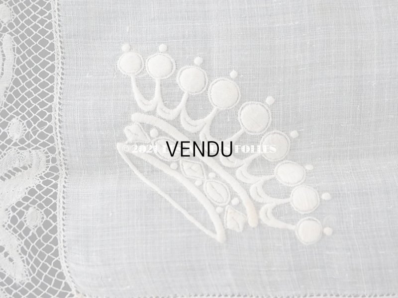 画像11: 未使用 19世紀 アンティーク  結婚式のハンカチ 王冠紋章 & プリーツ入り　手編みのヴァランシエンヌレース