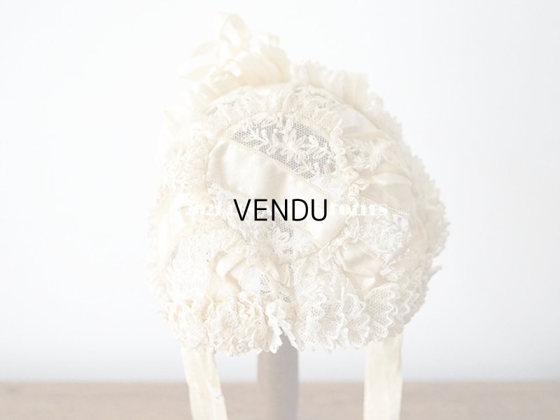 画像3: アンティーク ドール用 小さなボネ オフホワイトのシルクリボン&レース