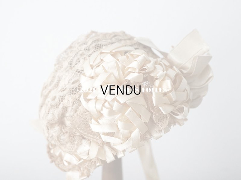 画像3: アンティーク ドール用 ベビー用 小さなボネ アイボリーのシルクリボン＆レース