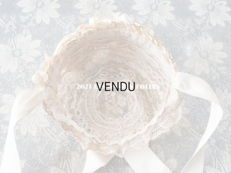 画像12: アンティーク ドール用 ベビー用 小さなボネ アイボリーのシルクリボン＆レース