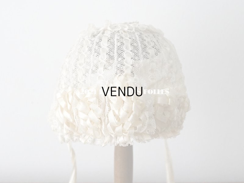 画像4: アンティーク ベビー用 小さなボネ オフホワイトのシルクリボン&レース