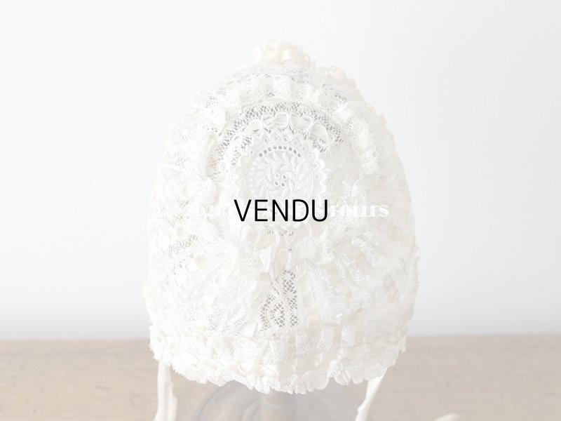 画像5: アンティーク ベビー用 小さなボネ オフホワイトのシルクリボン&レース