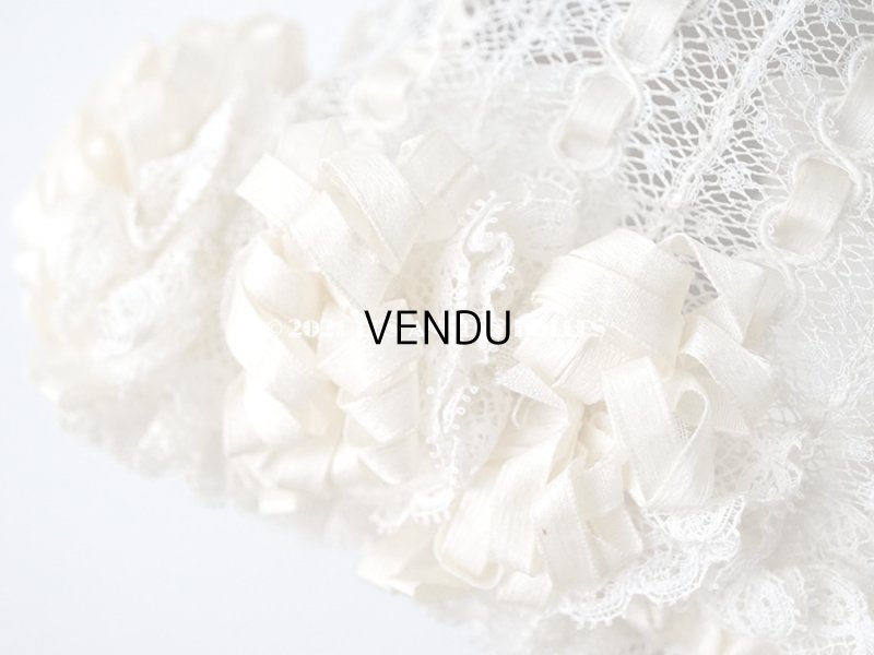 画像11: アンティーク ベビー用 小さなボネ オフホワイトのシルクリボン&レース