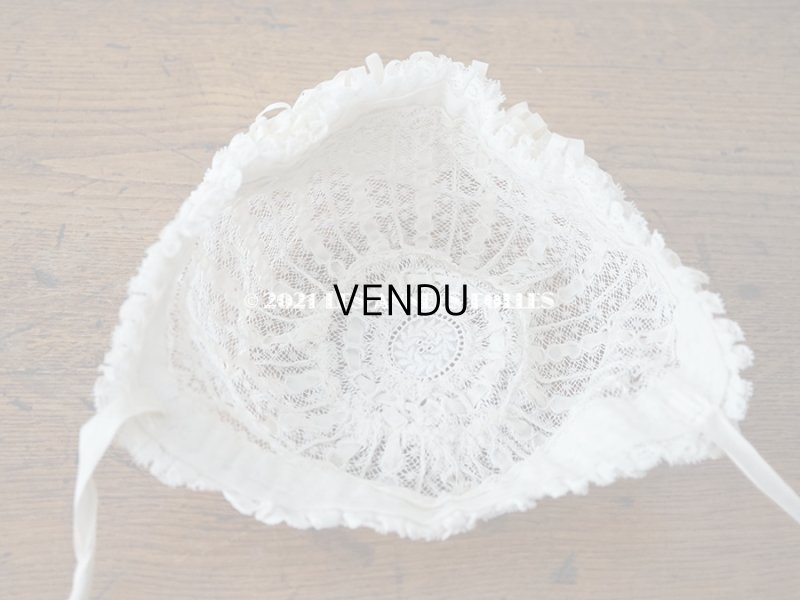 画像12: アンティーク ベビー用 小さなボネ オフホワイトのシルクリボン&レース