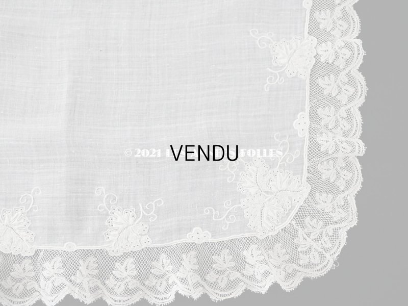 画像13: 19世紀末 アンティーク  結婚式のハンカチ モノグラム刺繍入り　葡萄の葉　ホワイトワーク＆手編みのヴァランシエンヌレース