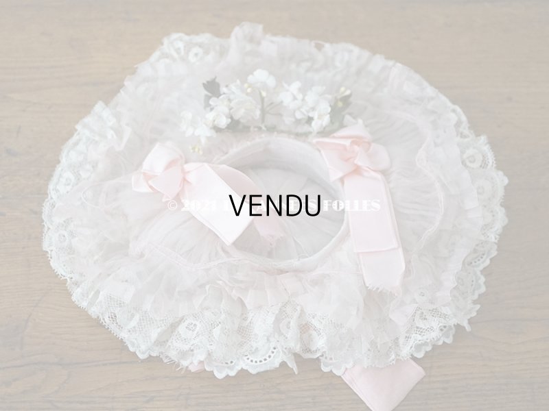 画像7: 1900年代 アンティーク ドールハット レース & ピンクのシルクシフォン & 薔薇の布花付き