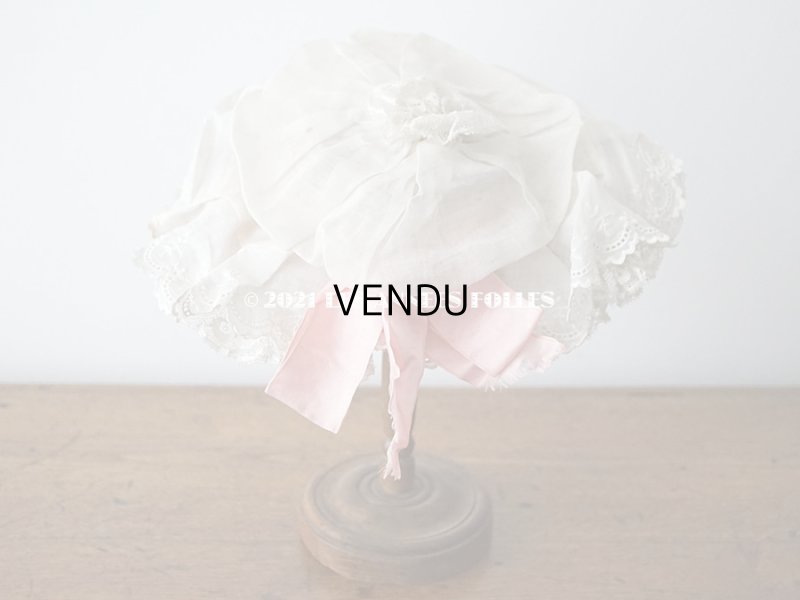 画像5: 1900年代 アンティーク ドールハット レース & ピンクのシルクシフォン & 薔薇の布花付き