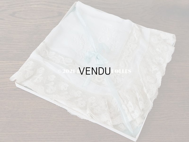 画像10: 未使用 アンティーク オリジナルボックス入り 結婚式のハンカチ モノグラム刺繍入り 手編みのヴァランシエンヌレース