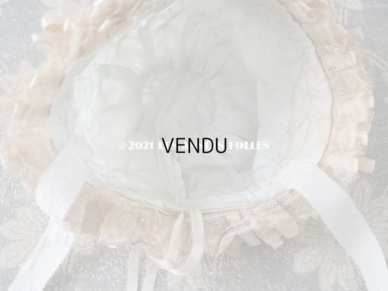 画像13: アンティーク ドール用 ベビー用 小さなボネ 透かし入り花模様のレース　＆　ベビーブルーのシルク地　＆　グレイッシュピンクのリボン