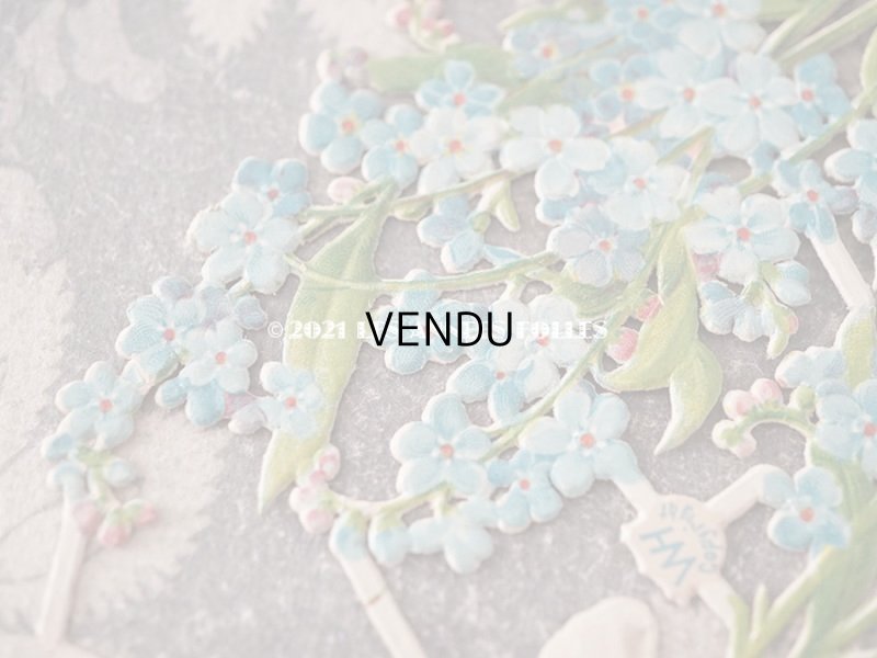 画像3: 1900年代 アンティーク ダイカットクロモ リボンが結ばれた勿忘草の大きなブーケ 2ピースのセット