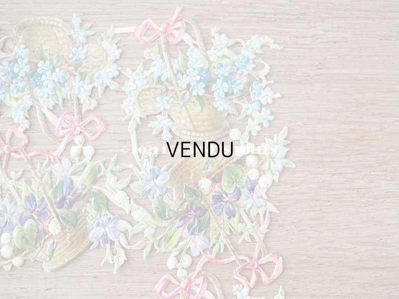 画像5: 1900年代 アンティーク ダイカットクロモ 薔薇&菫&鈴蘭&勿忘草の花かご 9ピースのセット