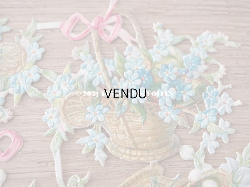 画像9: 1900年代 アンティーク ダイカットクロモ 薔薇&菫&鈴蘭&勿忘草の花かご 9ピースのセット