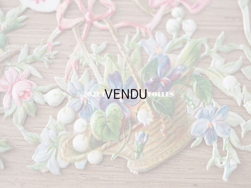 画像8: 1900年代 アンティーク ダイカットクロモ 薔薇&菫&鈴蘭&勿忘草の花かご 9ピースのセット