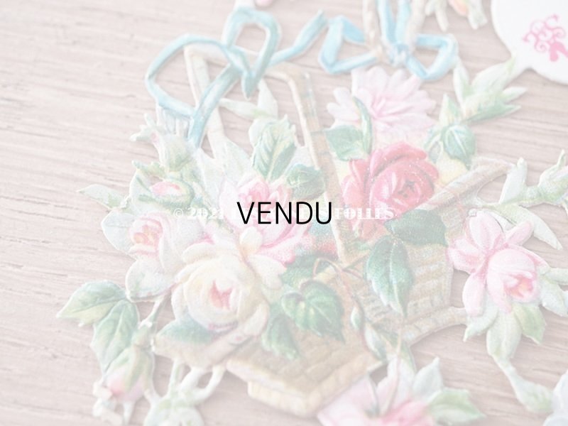 画像7: 1900年代 アンティーク ダイカットクロモ 薔薇&菫&鈴蘭&勿忘草の花かご 9ピースのセット