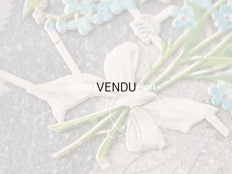 画像6: 1900年代 アンティーク ダイカットクロモ リボンが結ばれた勿忘草の大きなブーケ 2ピースのセット