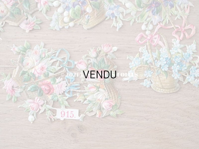 画像6: 1900年代 アンティーク ダイカットクロモ 薔薇&菫&鈴蘭&勿忘草の花かご 9ピースのセット