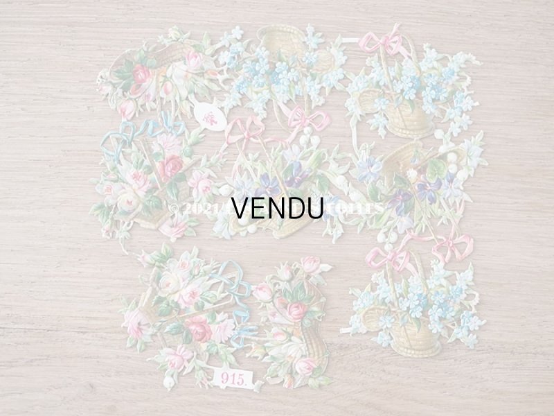 画像3: 1900年代 アンティーク ダイカットクロモ 薔薇&菫&鈴蘭&勿忘草の花かご 9ピースのセット