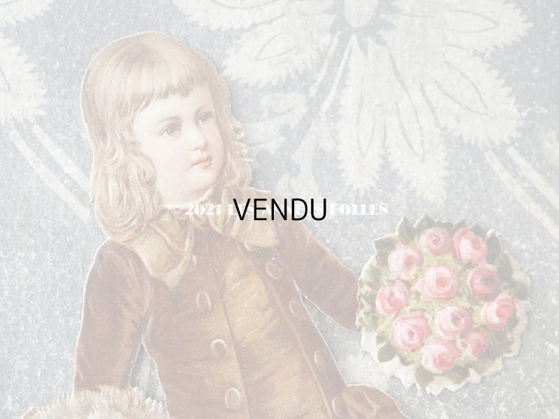 画像4: 1900年代 アンティーク 大きなダイカットクロモ　薔薇のブーケを持つ少女
