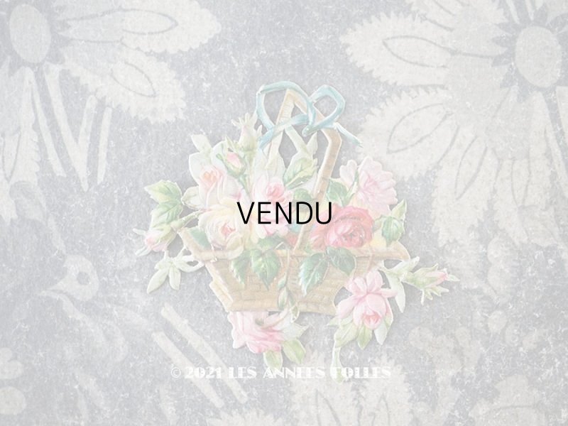 画像1: 1900年代 アンティーク ダイカットクロモ　薔薇の花かご