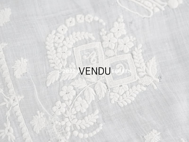 画像6: 19世紀 アンティーク  結婚式のハンカチ 王冠紋章＆モノグラム刺繍入り　手編みのヴァランシエンヌレース