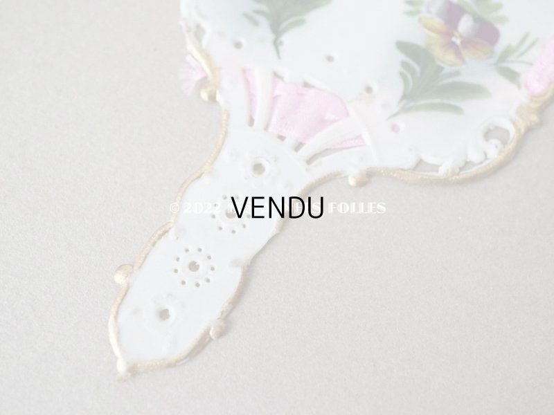 画像5: 1900年代 アンティーク  ファン型 　パンジーのセルロイド製カード　 ロカイユ装飾