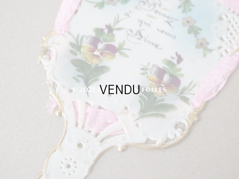 画像4: 1900年代 アンティーク  ファン型 　パンジーのセルロイド製カード　 ロカイユ装飾