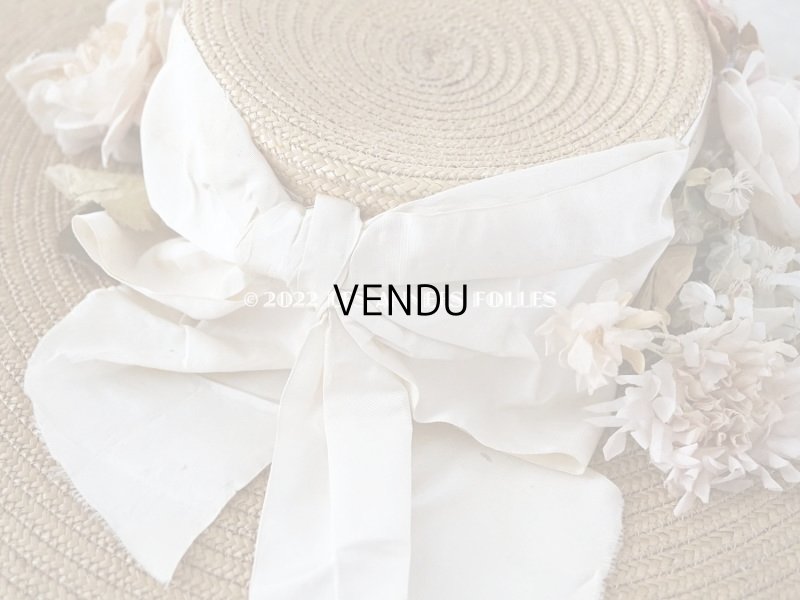 画像17: 19世紀末 アンティーク 大きなストローハット　パウダーピンクの薔薇の布花＆シルクリボン