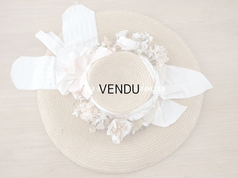 画像5: 19世紀末 アンティーク 大きなストローハット　パウダーピンクの薔薇の布花＆シルクリボン