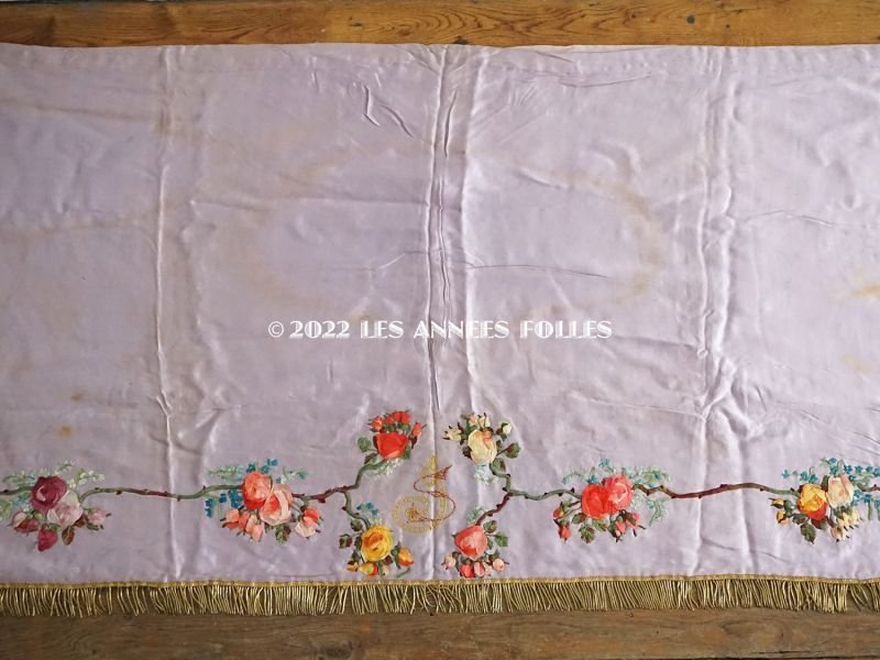 画像4: 19世紀 アンティーク 教会の祭壇布 薔薇の大きなリボン刺繍入り 290✗75cm