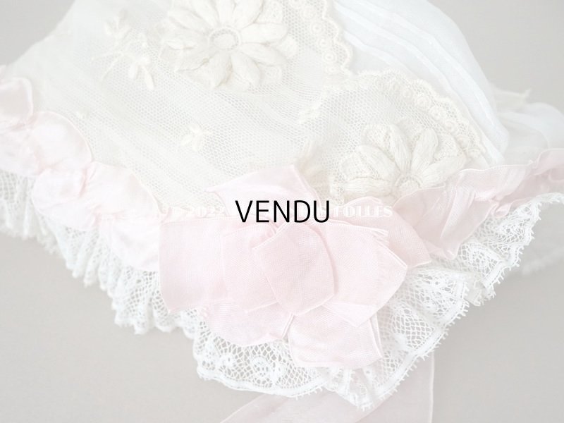 画像10: 【12周年セール対象外】1920年代 アンティーク 小さな女の子のボネ ピンクのリボン&マーガレットの刺繍入り