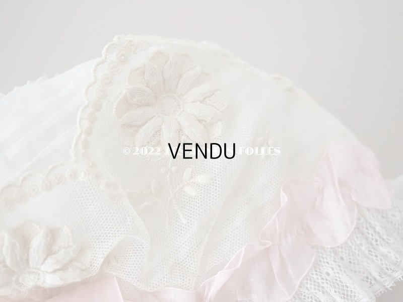 画像9: 【12周年セール対象外】1920年代 アンティーク 小さな女の子のボネ ピンクのリボン&マーガレットの刺繍入り