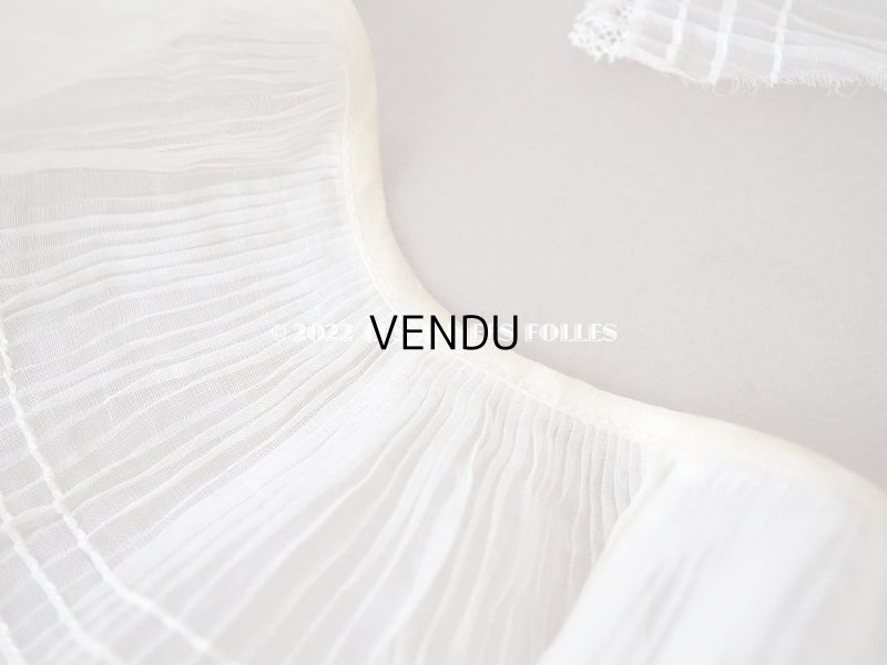 画像8: アンティーク  幅広 プリーツリボン レース付　ライン入り コットンオーガンジー オフホワイト&エクリュ 55cm 約7.7cm幅