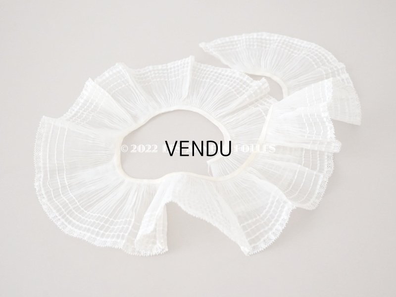 画像7: アンティーク  幅広 プリーツリボン レース付　ライン入り コットンオーガンジー オフホワイト&エクリュ 55cm 約7.7cm幅