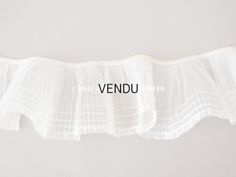 画像3: アンティーク  幅広 プリーツリボン レース付　ライン入り コットンオーガンジー オフホワイト&エクリュ 55cm 約7.7cm幅