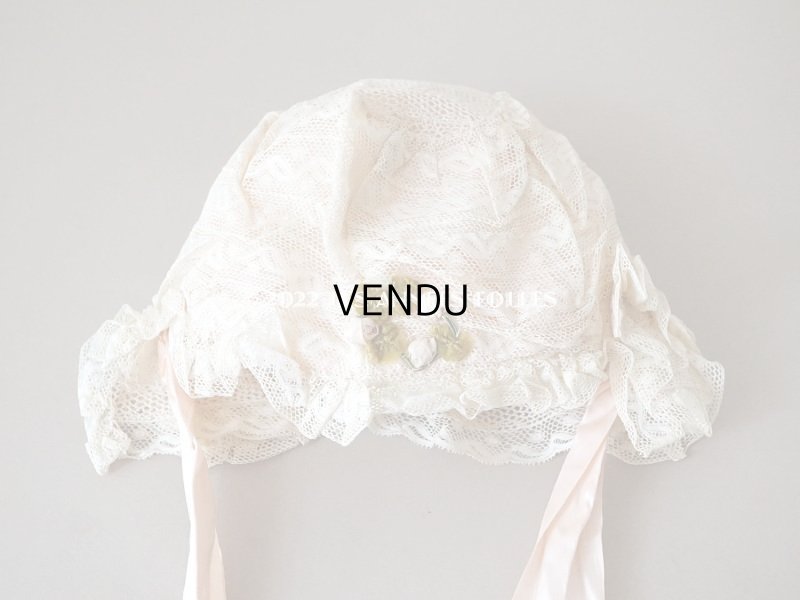 画像10: 1920年代 アンティーク  レースのボネ パウダーピンクの薔薇のロココトリム＆ピンクのシルクリボン付き 