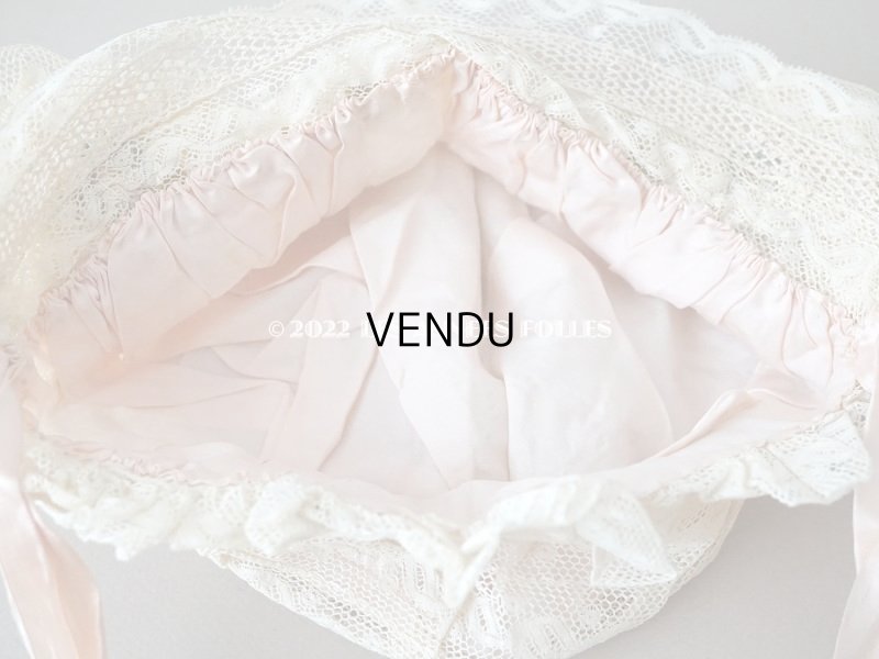 画像11: 1920年代 アンティーク  レースのボネ パウダーピンクの薔薇のロココトリム＆ピンクのシルクリボン付き 